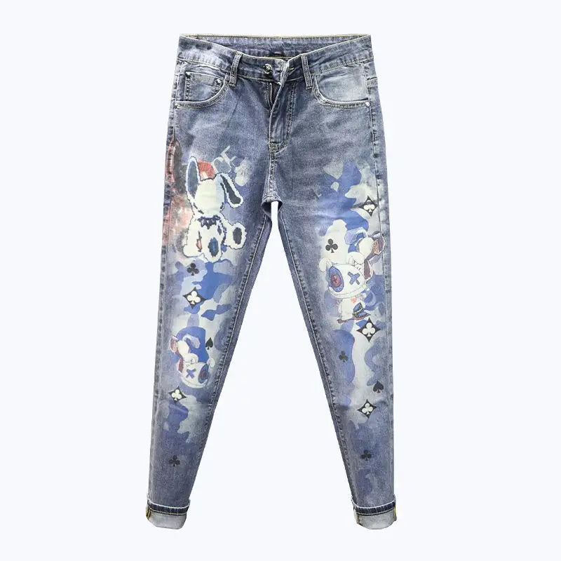Spring and Autumn 2025 Elastic Slim Small Foot Jeans Men's Korean Trendy Versatile Luxury Clothing Trendy Graffiti Printed Pants
