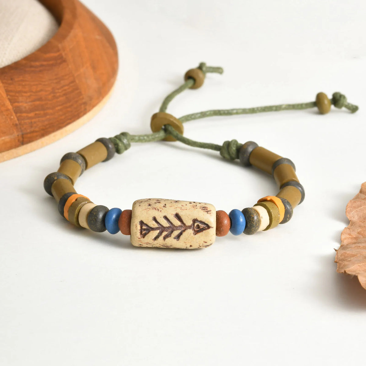 Mprainbow Fish Bone Beads Charm Bracelets for Men Boys, Retro Ethnic Wood Beaded Wristband,Adjustable Jewelry Gift to Him