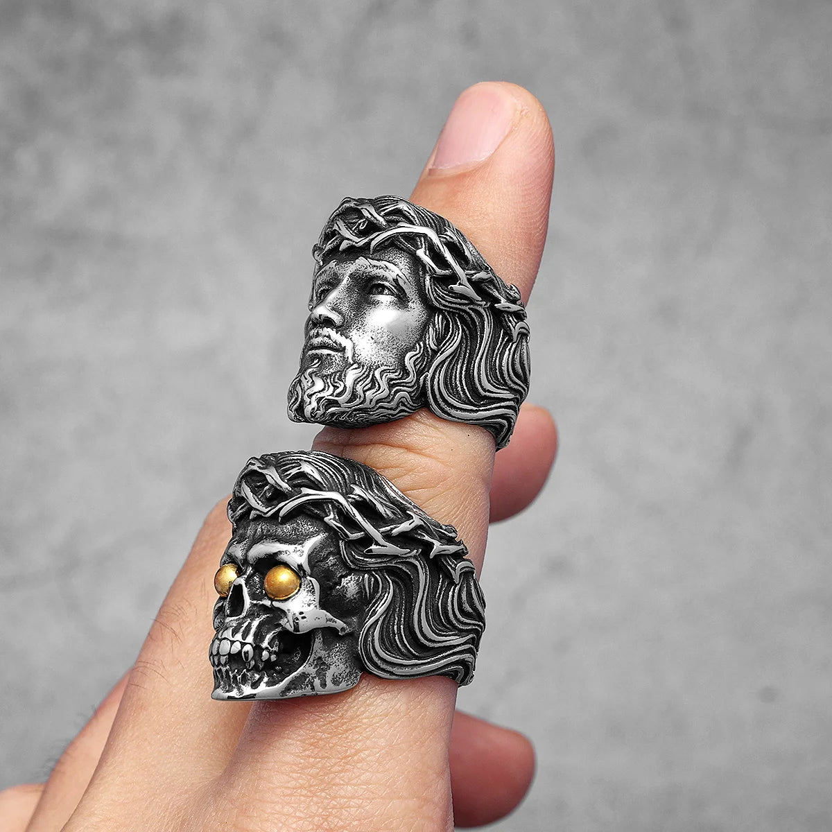 Religion Jesus Skull Stainless Steel Womens Mens Rings Punk Vintage Amulet for Boyfriend Biker Jewelry Creativity Gift Wholesale