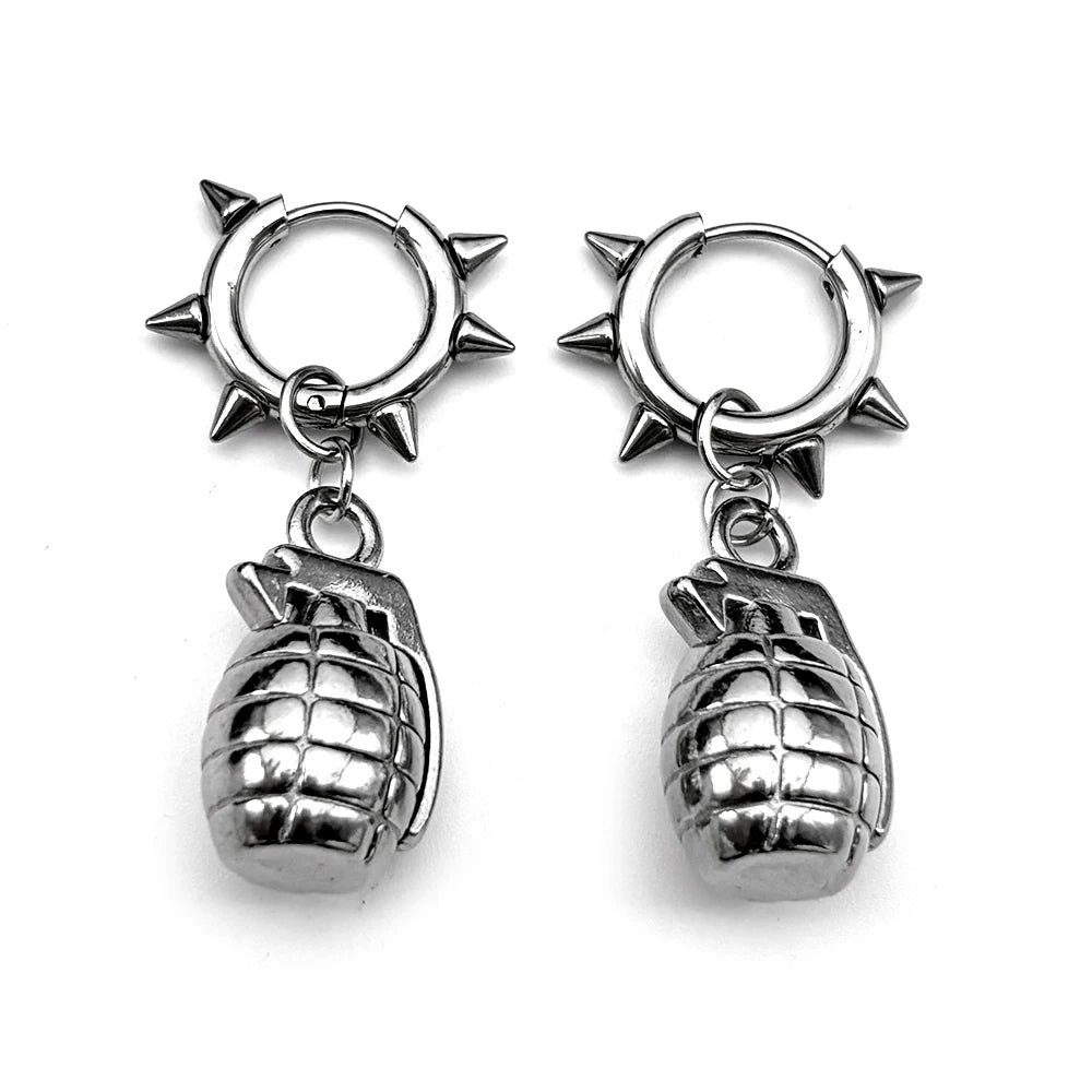 Funny Grenade Rivet Earrings For Men Women  Stainless Steel Silver Color Hiphop Rock Party Male Punk Hoop Ear Ring Jewelry Gift