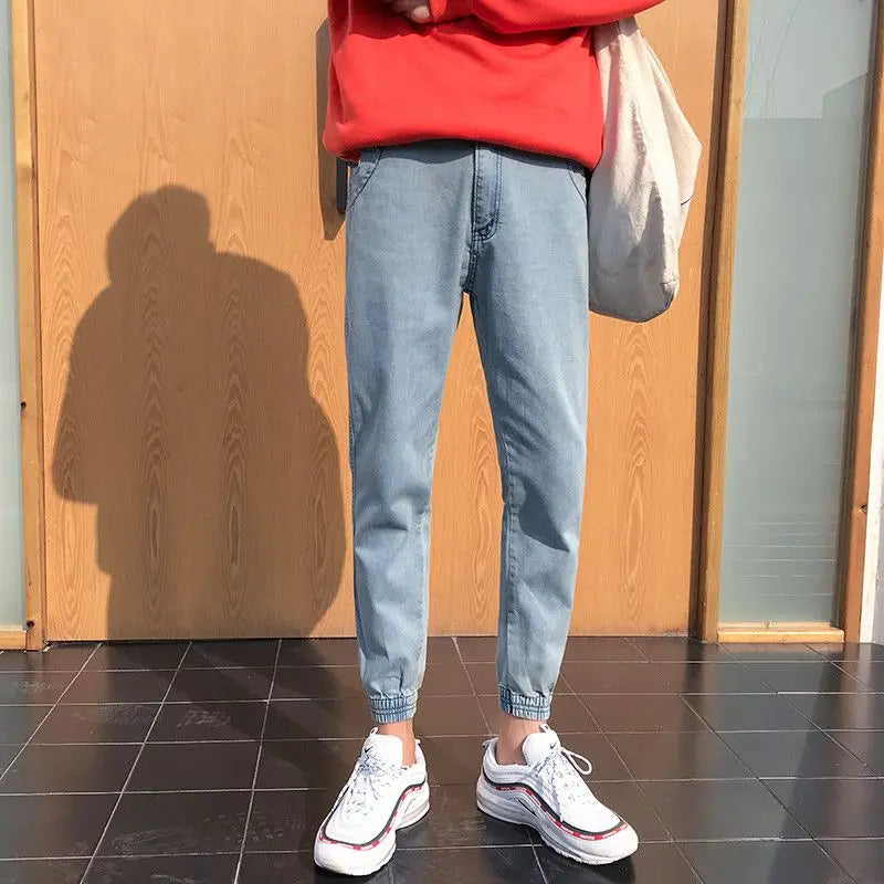 Korean Luxury Clothing Jeans Men's Autumn New High-end Brand Slim-fitting Small Feet Blue Washed Retro Ruffian Handsome Trousers