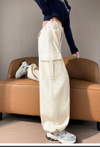 Corduroy cargo wide leg pants women in winter 2025 new high waisted loose fit slimming and ankle tied casual pants