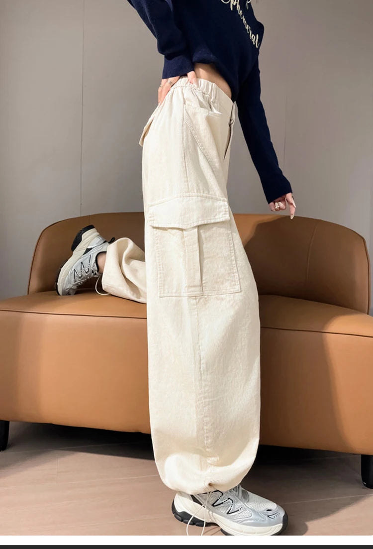 Corduroy cargo wide leg pants women in winter 2025 new high waisted loose fit slimming and ankle tied casual pants