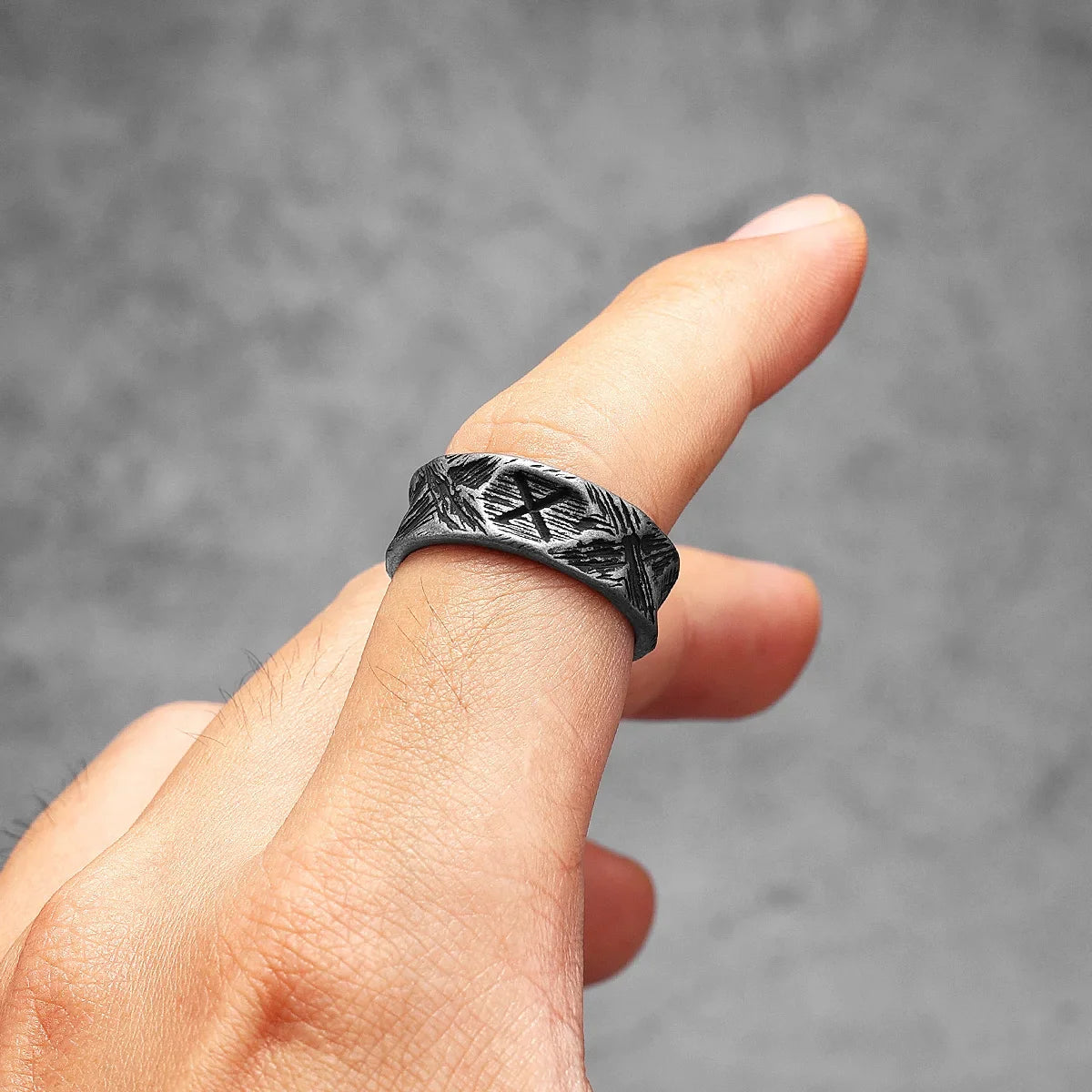 PENDRA Minimalism Runes Damaged Steel Ring