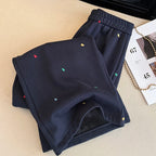 Design sense contrasting color embroidery casual pants women in winter elastic waist straight high waist wide leg pants