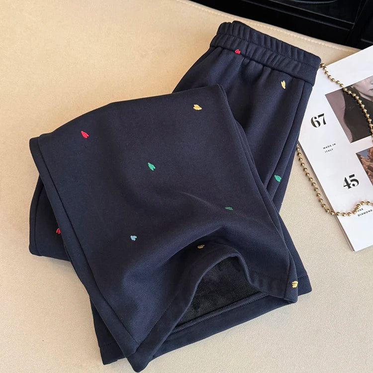 Design sense contrasting color embroidery casual pants women in winter elastic waist straight high waist wide leg pants