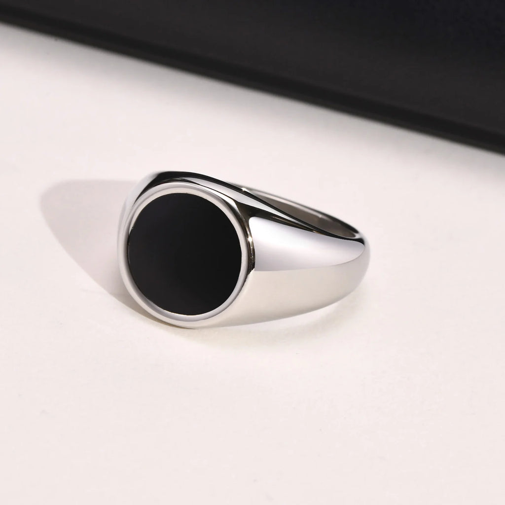 Stylish 13mm Signet Rings for Men, Waterproof Stainless Steel Finger Band with Black Enamel Male Rock Punk Ring Jewelry