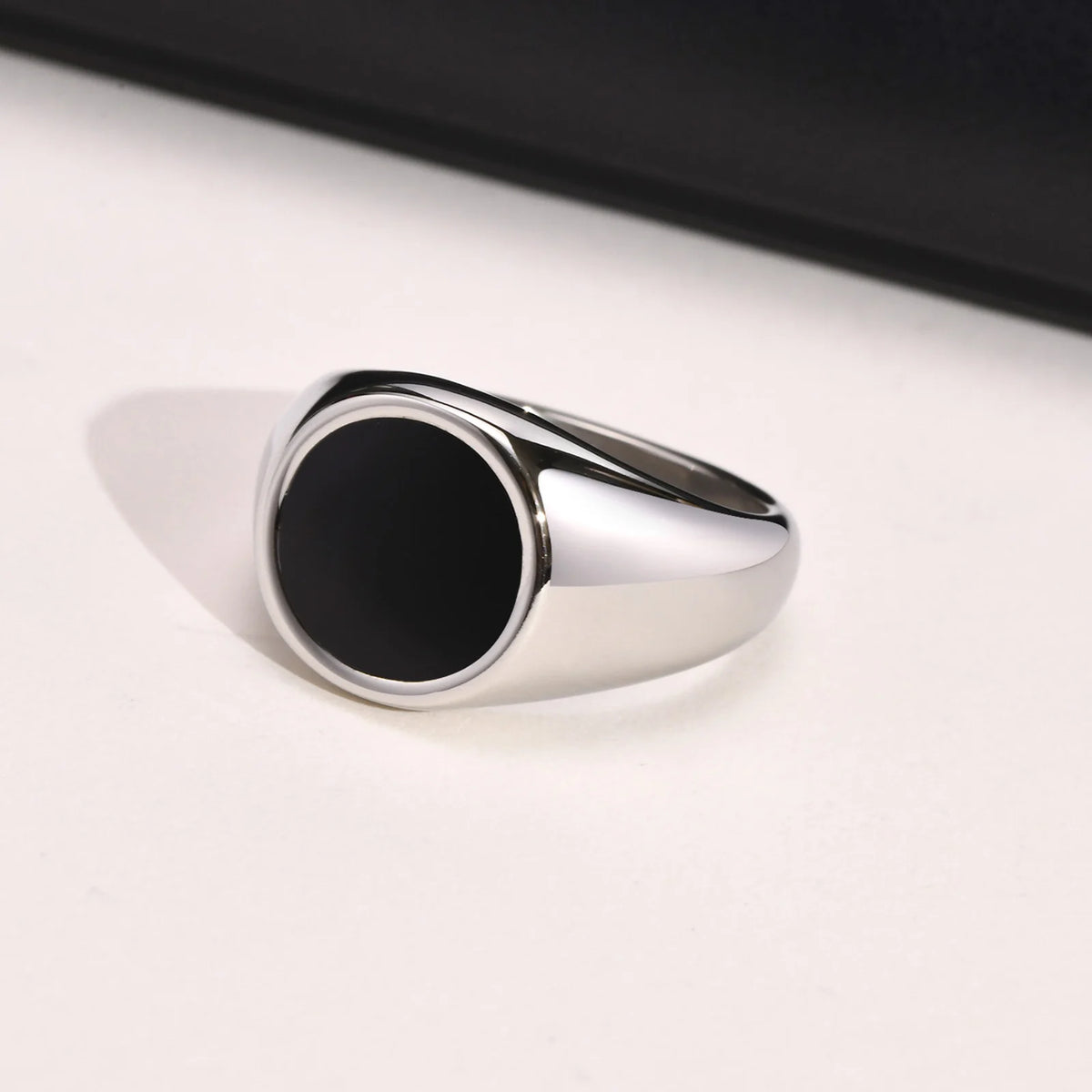 Stylish 13mm Signet Rings for Men, Waterproof Stainless Steel Finger Band with Black Enamel Male Rock Punk Ring Jewelry