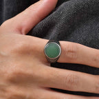 Green Dongling Stone Ring for Men,Vintage Stainless Steel Natural Stone Signet Ring,Punk Round Ring Gift