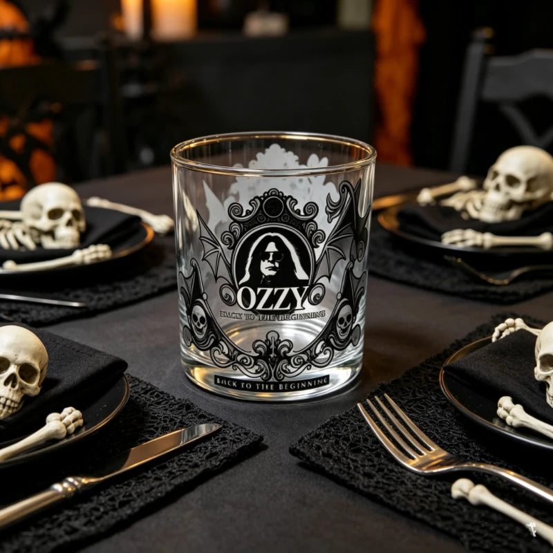 Gothic Skull Bat Whiskey Glass, Ozzy Inspired Gold Rim Cocktail Glass