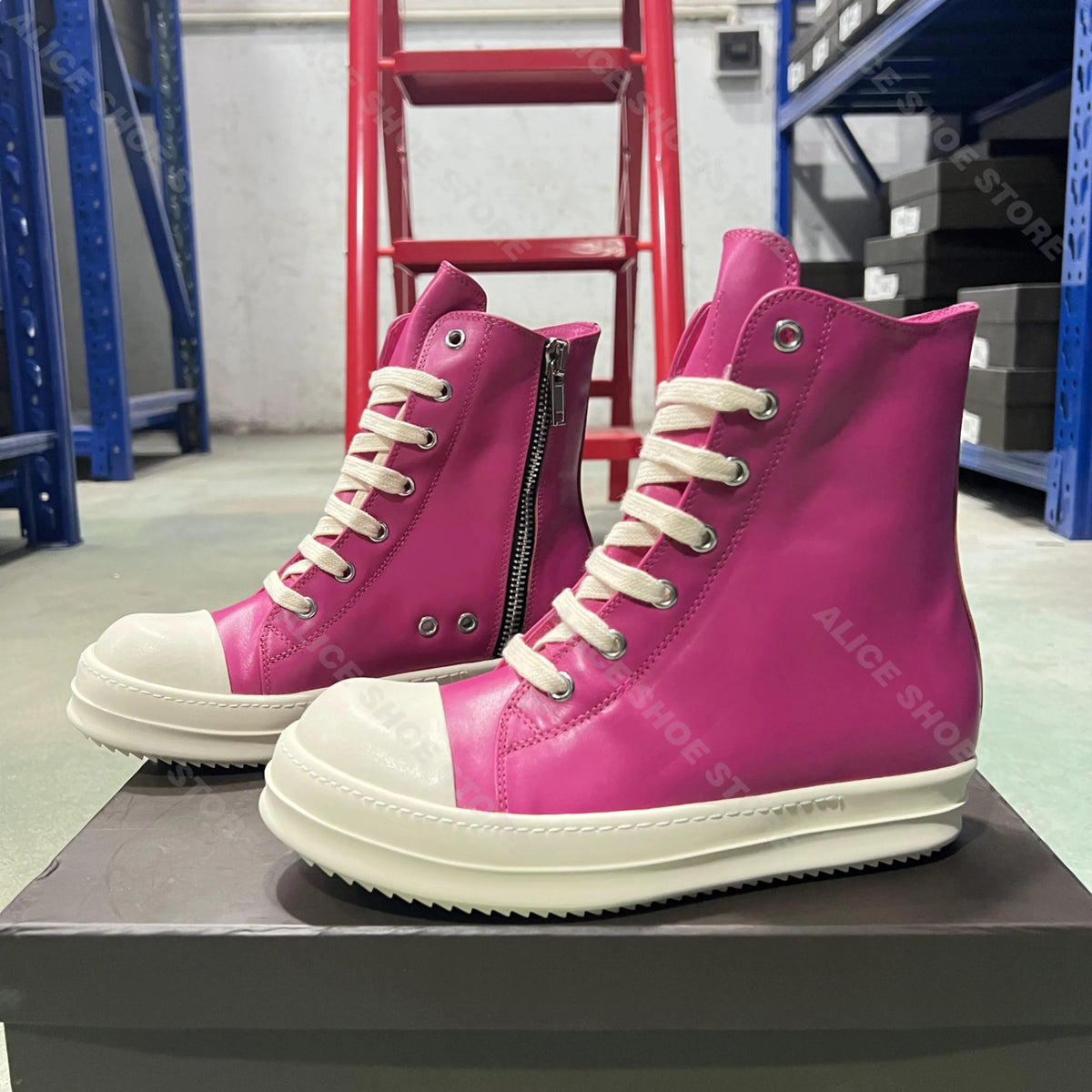 PENDRA Rose Titan Pink Genuine Leather High-Top Zip Thick-Sole Ankle Boots