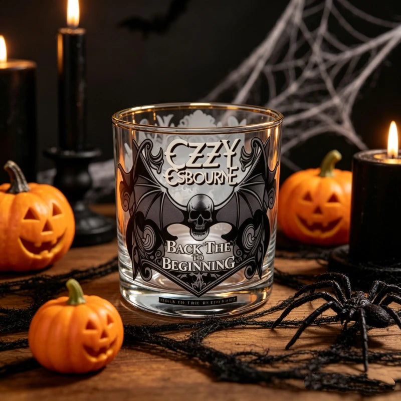 Gothic Skull Bat Whiskey Glass, Ozzy Inspired Gold Rim Cocktail Glass
