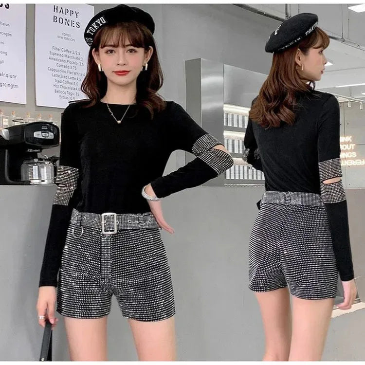 Rhinestone Shorts Women Wide Leg Shorts High Waist Sexy New Fashion Elastic Waist Diamond Casual Hot Pants Female belt