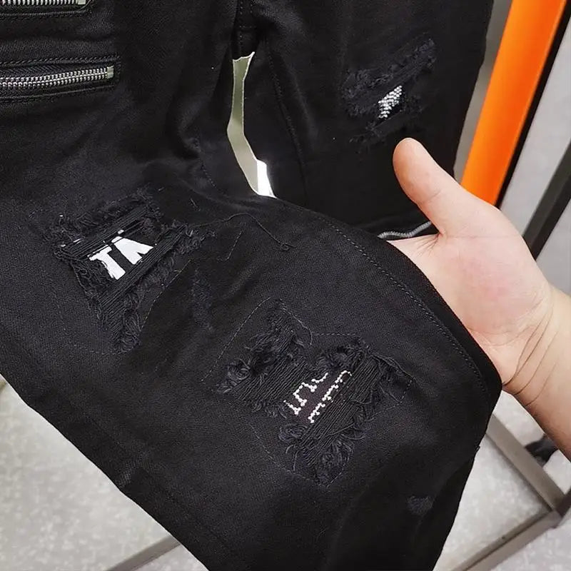 Luxury 2023 Men's High Street Korean Black Jeans with Zipper Distressed Hole Designer Youth Trend Slim-Fit Black Cotton Trousers