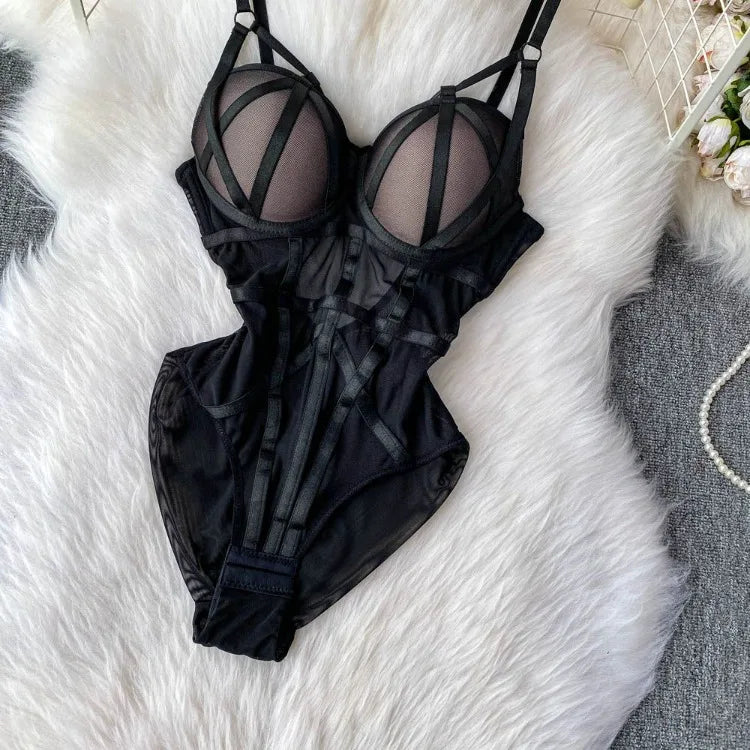 Sexy spicy girl with chest cushion jumpsuit women's summer new see through mesh slimming sexy niche design camisole vest