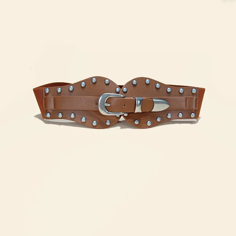 Retro Ladies Pu Leather Corset Belt Gothic Style Elastic Rivet Cummerbund Tie Rope Punk Accessory for Women Shirt Dress Belt