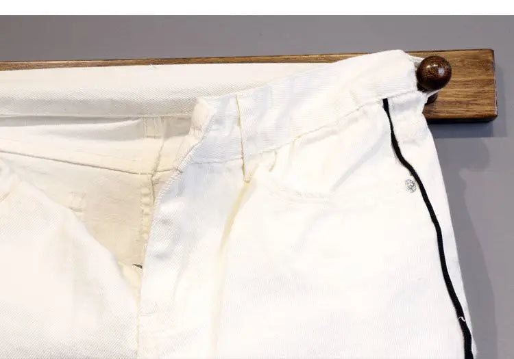 Summer Thin Luxury Designer Slim-Fit Men's Jeans Shorts Boyfriend White Color Striped Street Wear Cotton Casual Short Trousers