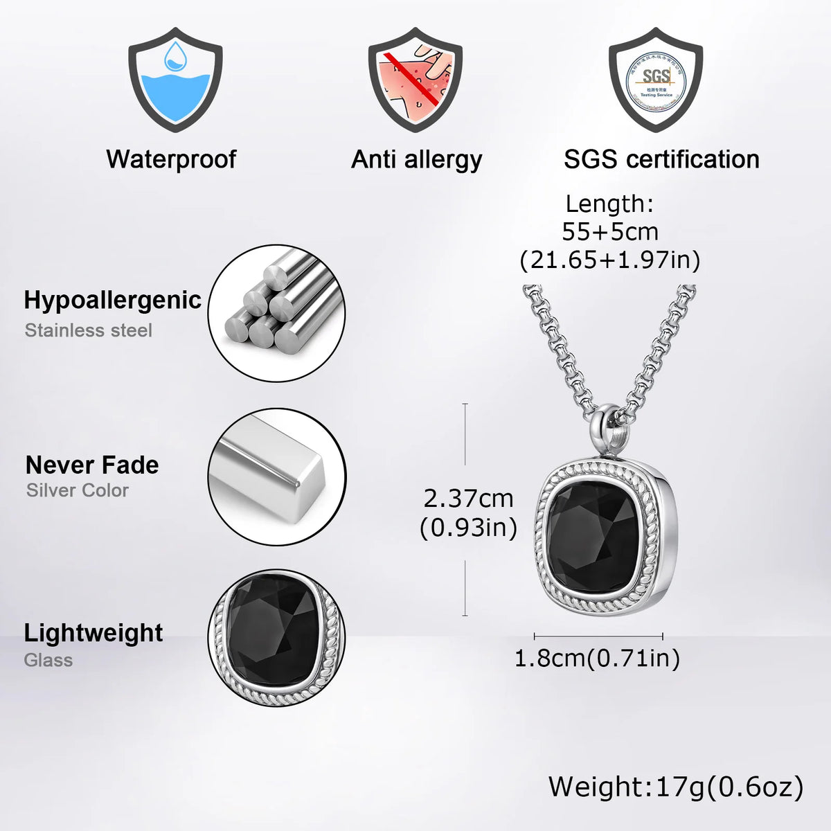 Stylish Geometric Necklace for Men Boys,Stainless Steel Black Glass Natural Stone Square Pendant,Original Design Male Gifts