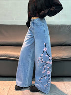 American Vintage Floral Embroidery Design Blue Baggy Jeans Women Y2K Street Fashion Trendy Versatile Comfortable Wide-Leg Pants