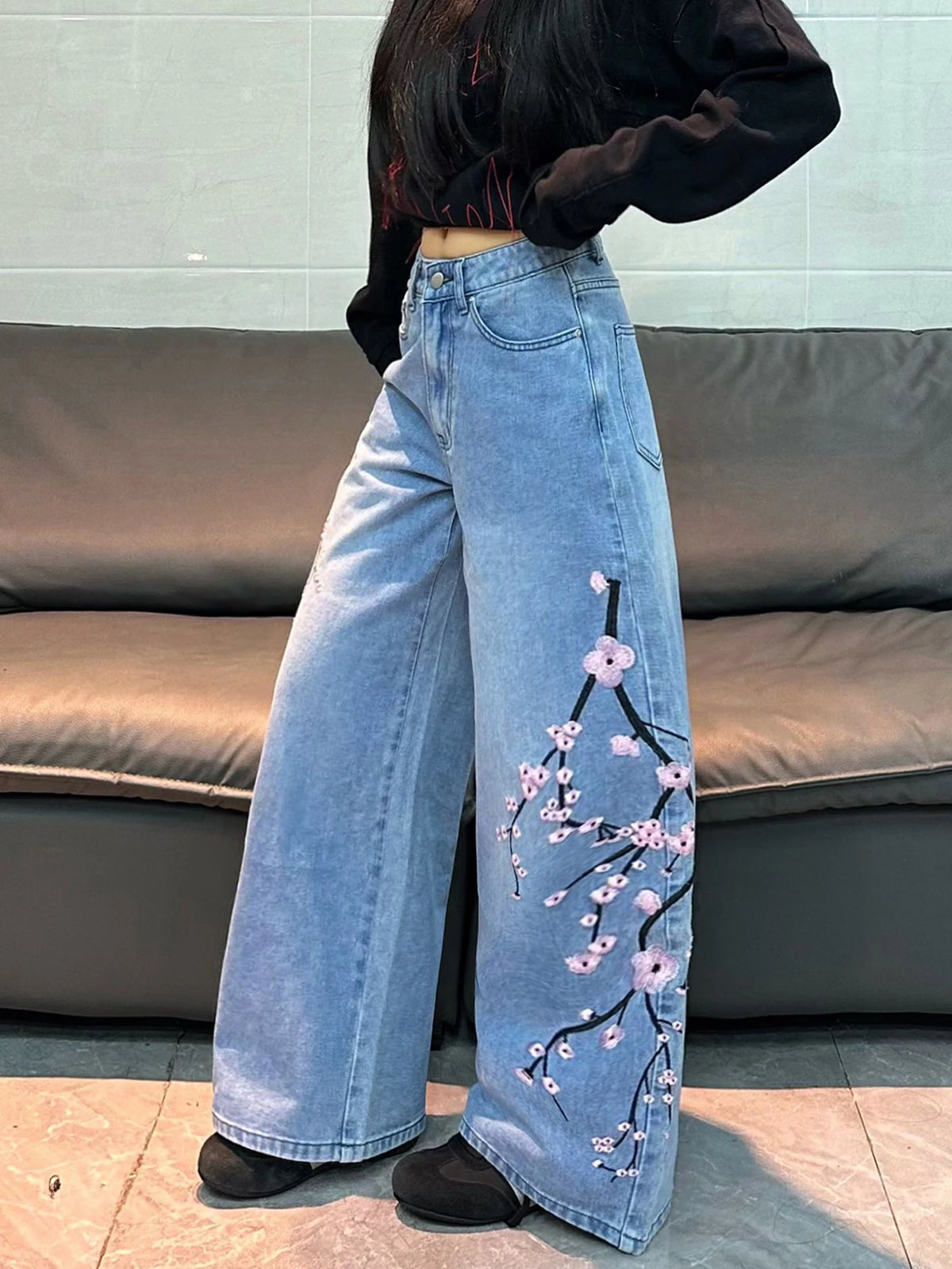 American Vintage Floral Embroidery Design Blue Baggy Jeans Women Y2K Street Fashion Trendy Versatile Comfortable Wide-Leg Pants