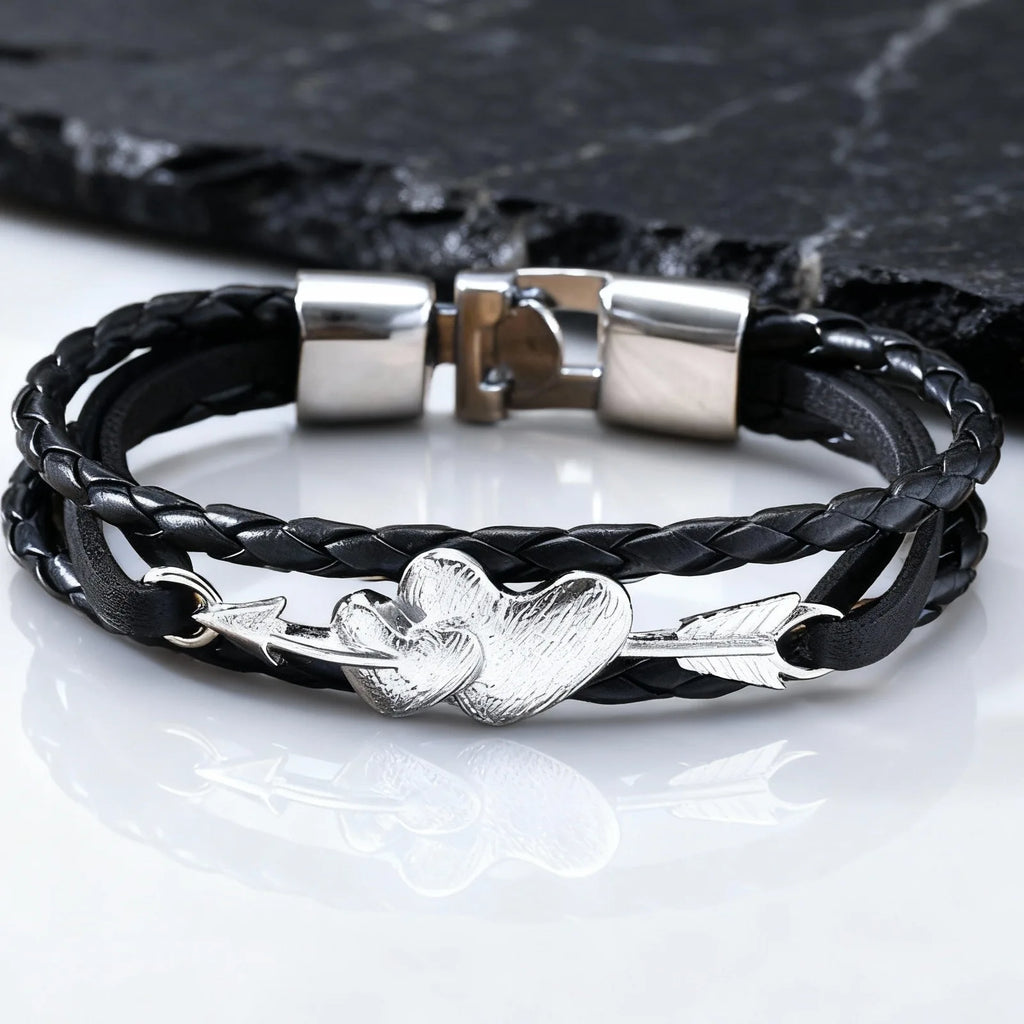 Arrow Piercing Heart Leather Bracelet for Men,Trendy Black PU Woven 3 Layers Bracelet,Gift for Husband Boyfriend
