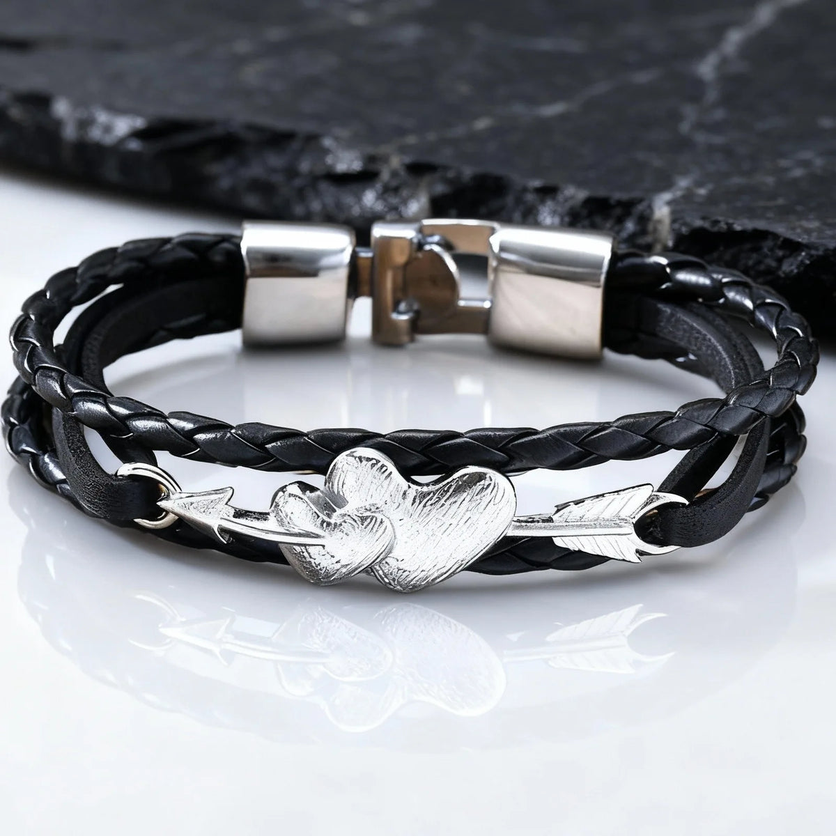Arrow Piercing Heart Leather Bracelet for Men,Trendy Black PU Woven 3 Layers Bracelet,Gift for Husband Boyfriend