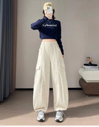 Corduroy cargo wide leg pants women in winter 2025 new high waisted loose fit slimming and ankle tied casual pants