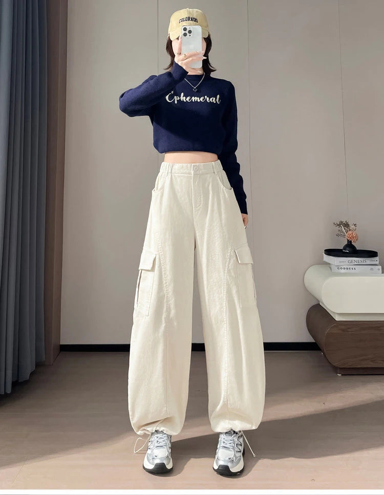 Corduroy cargo wide leg pants women in winter 2025 new high waisted loose fit slimming and ankle tied casual pants