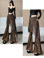 Women's autumn and winter sequin fart curtain fake two high waisted slimming and floor dragging casual flared pants