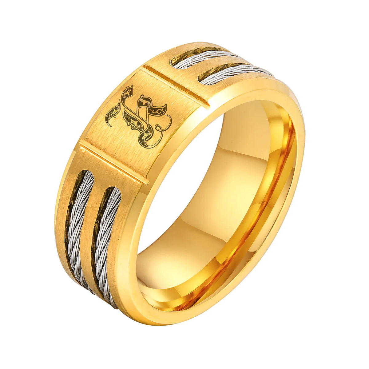 Chunky A-Z 26 Initials Ring for Men,Gold Color Stainless Steel Alphabet Ring with Wire,Stylish Wedding Jewelry Gifts for Him