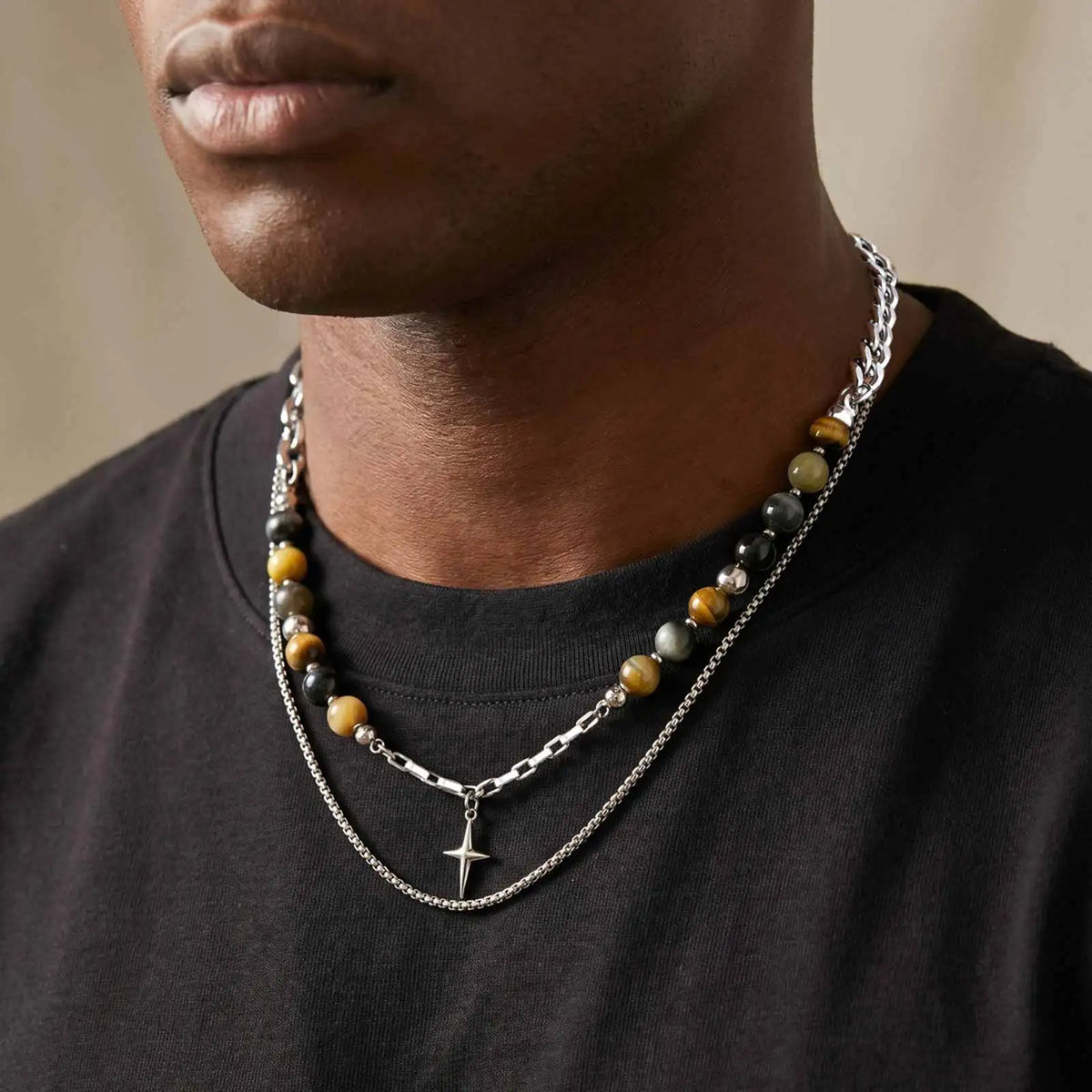 Hiphop Star Cross Chain Necklaces for Men Boys,Stainless Steel Punk Double Layers Chain Collars,Unisex Jewelry