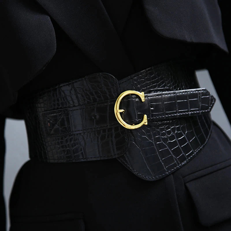 Wide Corset Belt For Women Luxury Desiner Letter C Cummerbunds Pu Leather Belt Vintage Gothic Elastic Black Pattern Waistband