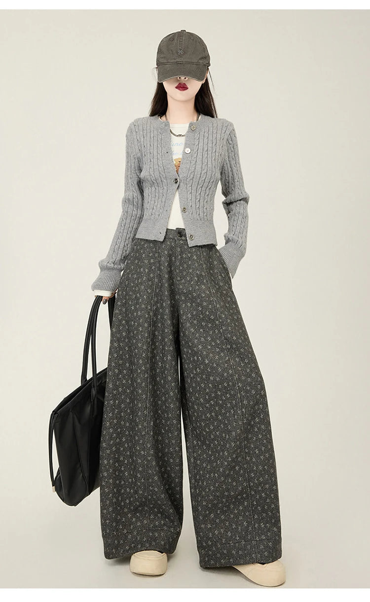 Lazy style floral print woolen suit pants women in winter new loose and versatile casual curved knife wide leg pants