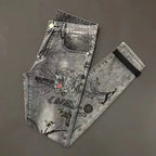 High-end Hot Diamond Jeans Men's Spring and Autumn Tide Brand Slim-fitting Small Feet Tiger Print Gray Casual Men Trousers Man
