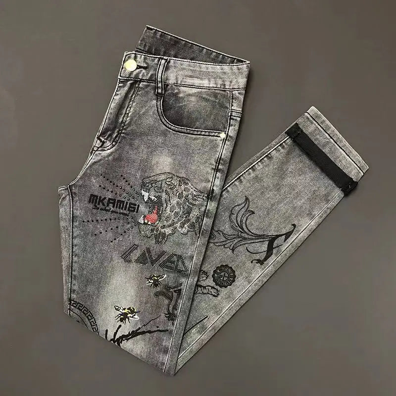 High-end Hot Diamond Jeans Men's Spring and Autumn Tide Brand Slim-fitting Small Feet Tiger Print Gray Casual Men Trousers Man