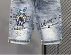 New Kpop Summer Casual Knee Length Men's Jeans Shorts Fashion Embroidered Rabbit Printed Hot Drilled Slim Thin Short Trousers