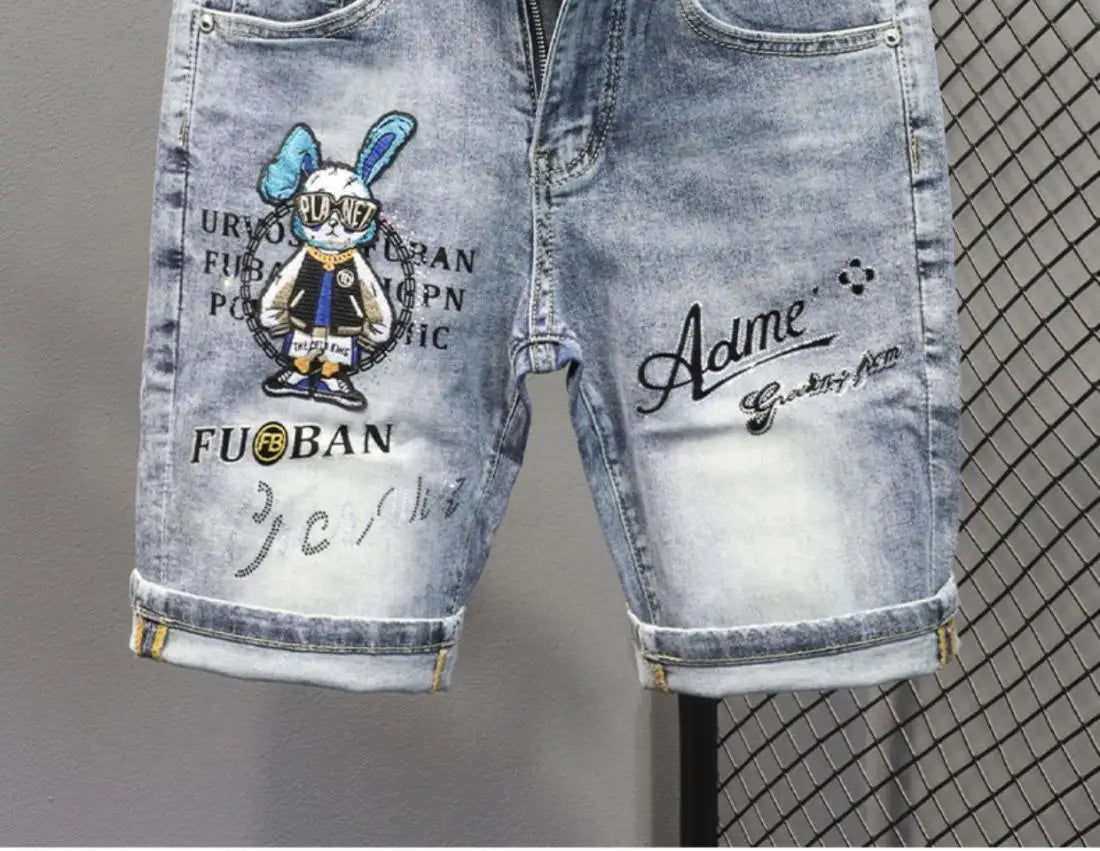 New Kpop Summer Casual Knee Length Men's Jeans Shorts Fashion Embroidered Rabbit Printed Hot Drilled Slim Thin Short Trousers
