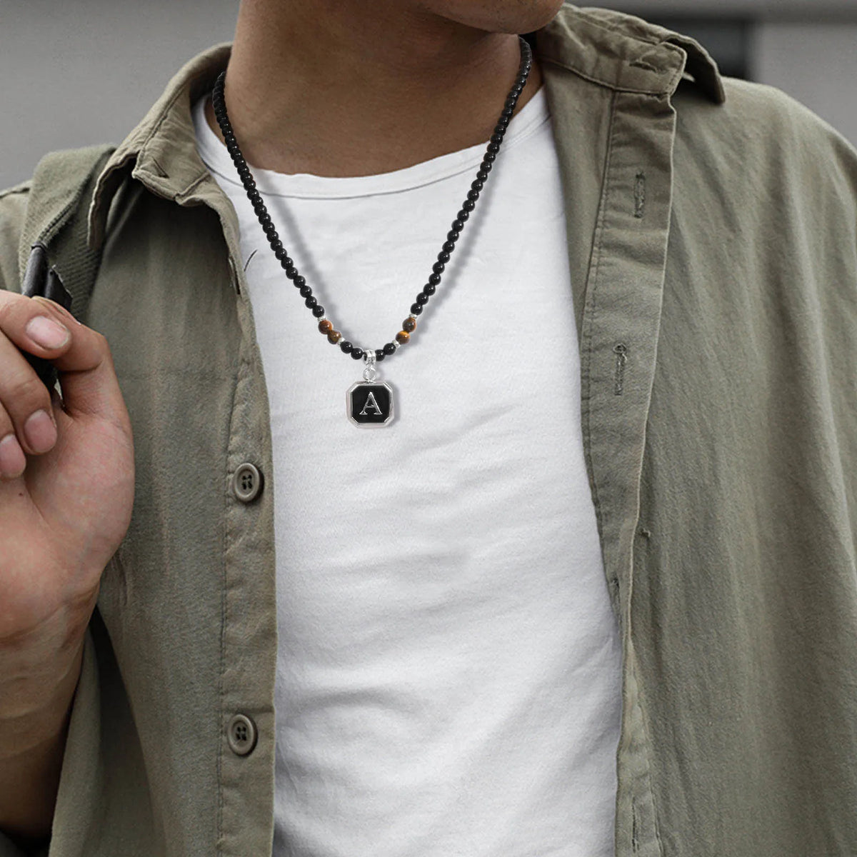 Initials Beaded Necklaces for Men Boys,Tiger Eye Alphabet A-Z 26 Letters Pendant Necklace,Stylish Jewelry Gift