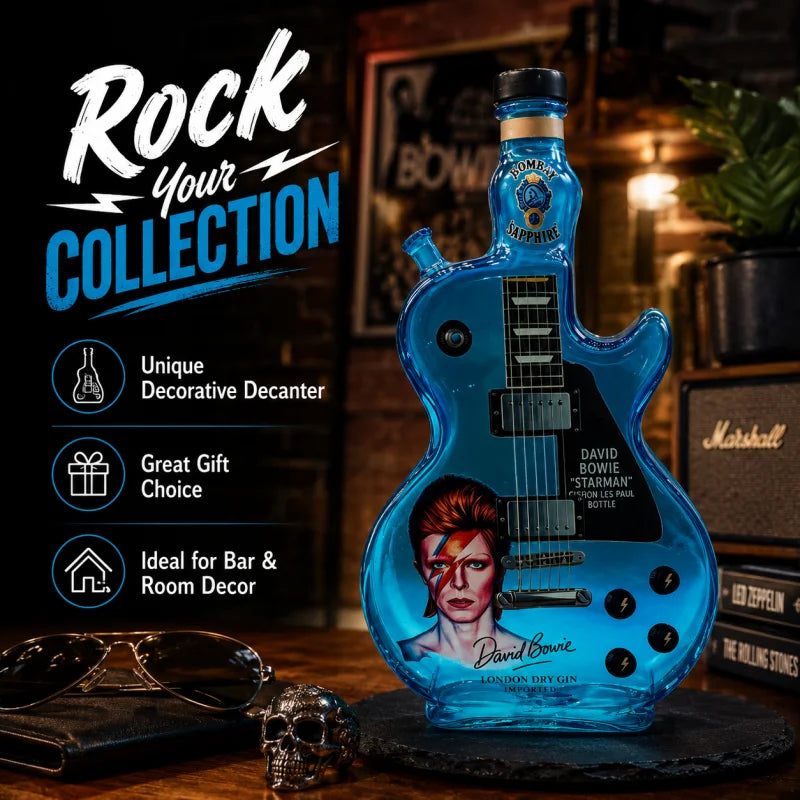 David Bowie Starman Theme Glass Whiskey Decanter Guitar Bottle Music Fan Collectible Home Decor