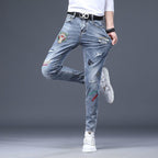 Hot Sale Men's Luxury Jeans Streetwear Denim Pants Punk Distressed Hole Tiger Embroidery Patches Stretch Skinny Ripped Trouser