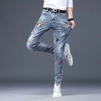 Hot Sale Men's Luxury Jeans Streetwear Denim Pants Punk Distressed Hole Tiger Embroidery Patches Stretch Skinny Ripped Trouser