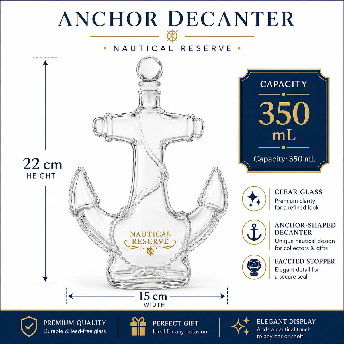 Creative Anchor Shape Glass Spirits Decanter 350ml Whiskey Storage Bottle with Gold Nautical Sticker for Bar Decor Gift
