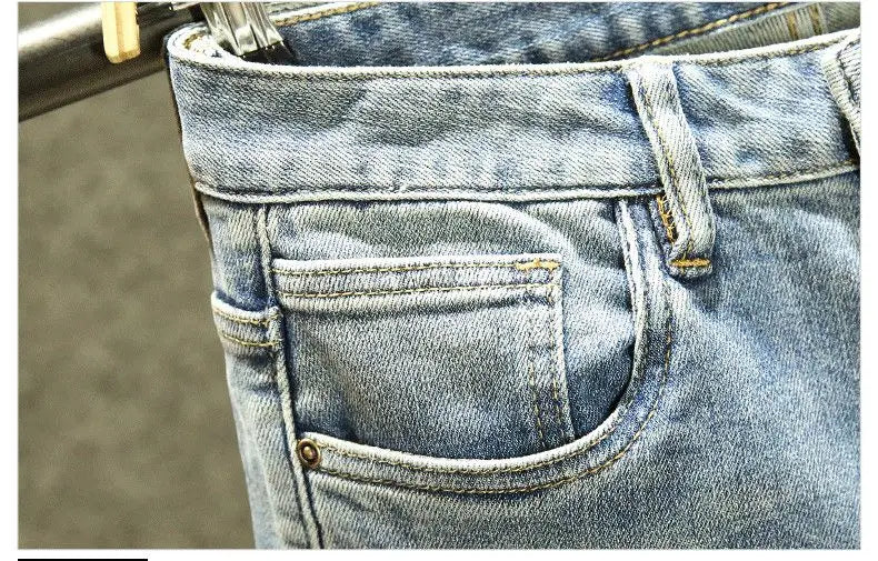 2025 Summer Ripped Jeans Men's Slim-fitting Small Feet Elastic Trousers Trendy Brand Fashion Scratched Patch Cargo Beggar Pants