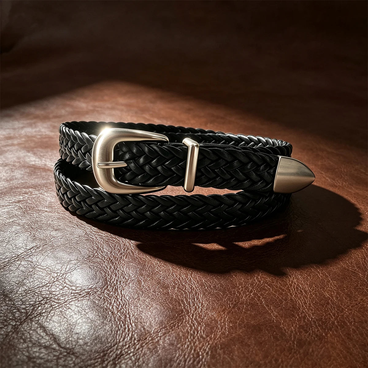 Punch free punk style woven belt for men and women Black metal buckle belt Dark minority retro Fried Dough Twists belt