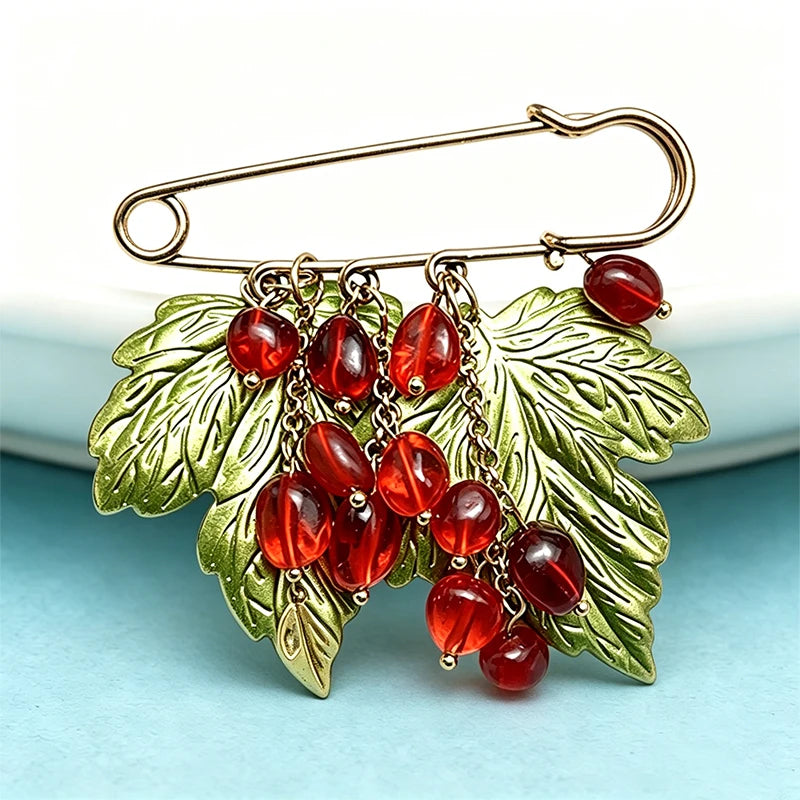 PENDRA Scarlet Vintage Red-Bead Leaf Flower Brooch