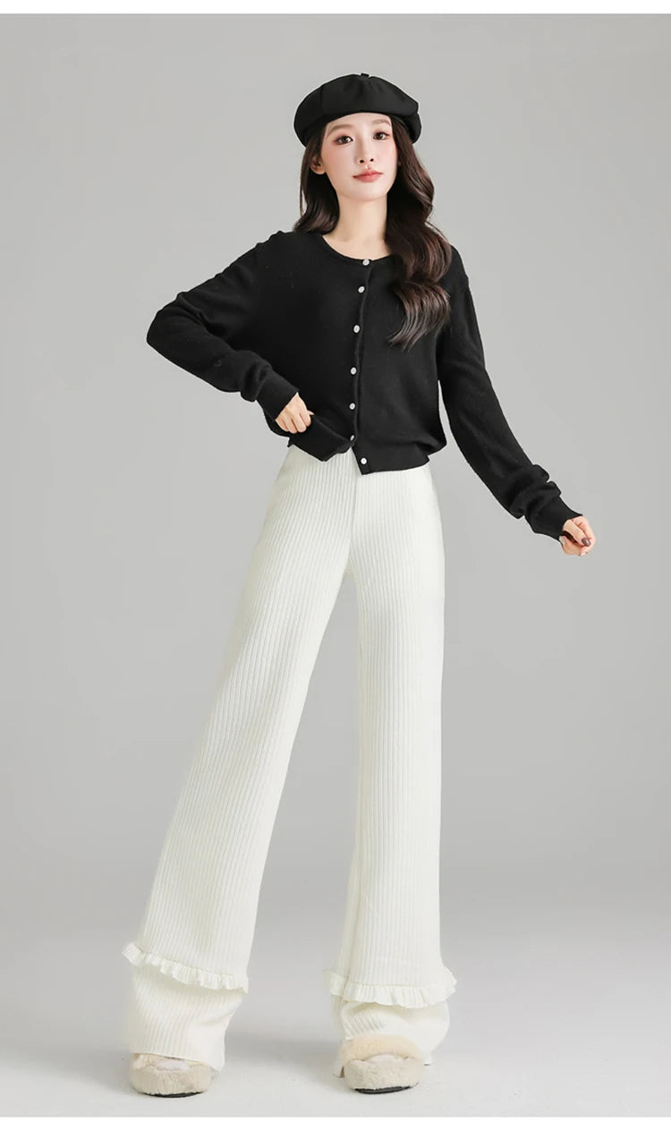 Solid corduroy micro flared pants women's winter wide leg casual high waisted narrow version straight leg sweatpants