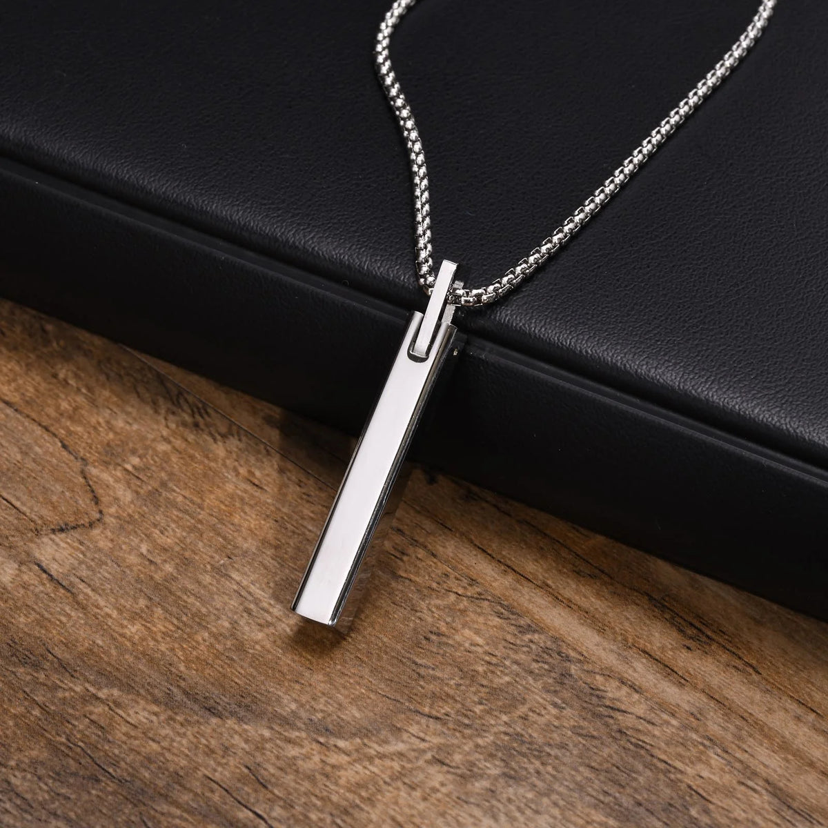 Men 3D Vertical Bar Necklaces,Simple Waterproof Stainless Steel Geometric Pendant Collar Gifts Jewelry with Box Chain