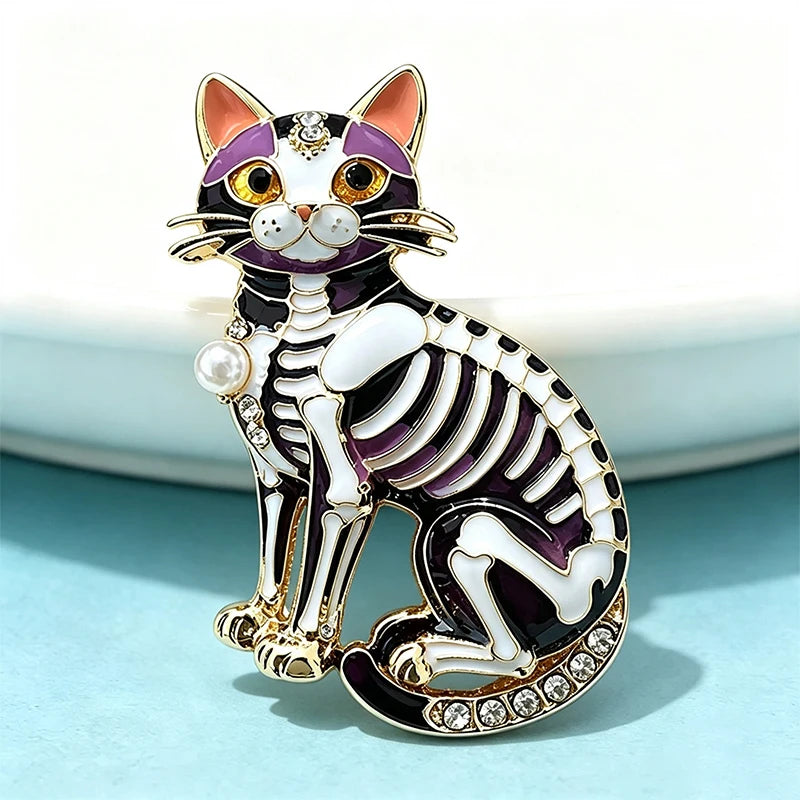 PENDRA Midnight Cat Skeleton Enamel Brooch