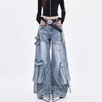 Female Trendy Loose Straight Wide Leg Denim Pants American Style High Street Three-dimensional With ribbons Design Pants