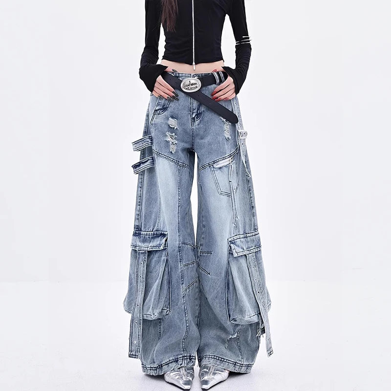 Female Trendy Loose Straight Wide Leg Denim Pants American Style High Street Three-dimensional With ribbons Design Pants